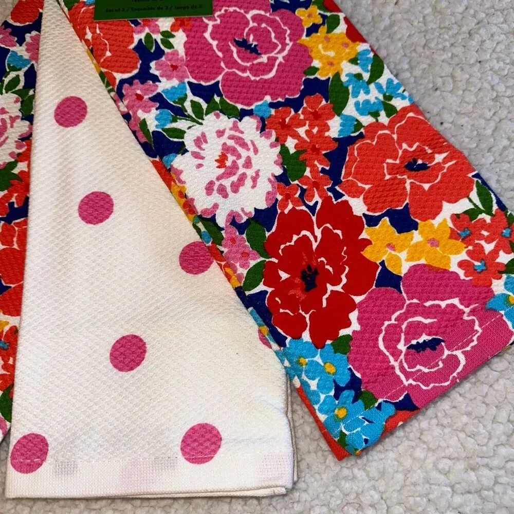 Kate Spade Colorful Floral Pattern Kitchen Towels Set of 3 NWT